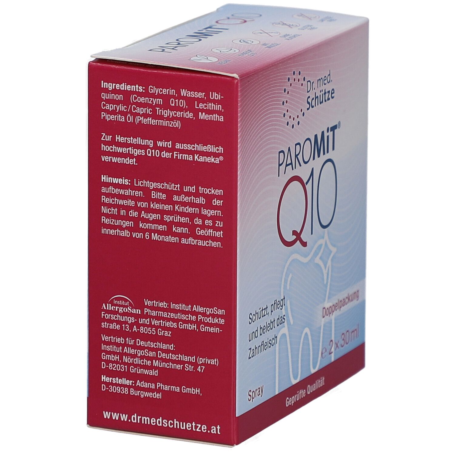 Karton von PAROMiT Q10. Aufschrift: Inhaltsstoffe, Hinweise. Logo: Zahn mit Stern. Doppelpackung, 2x30ml. Geprüfte Qualität.