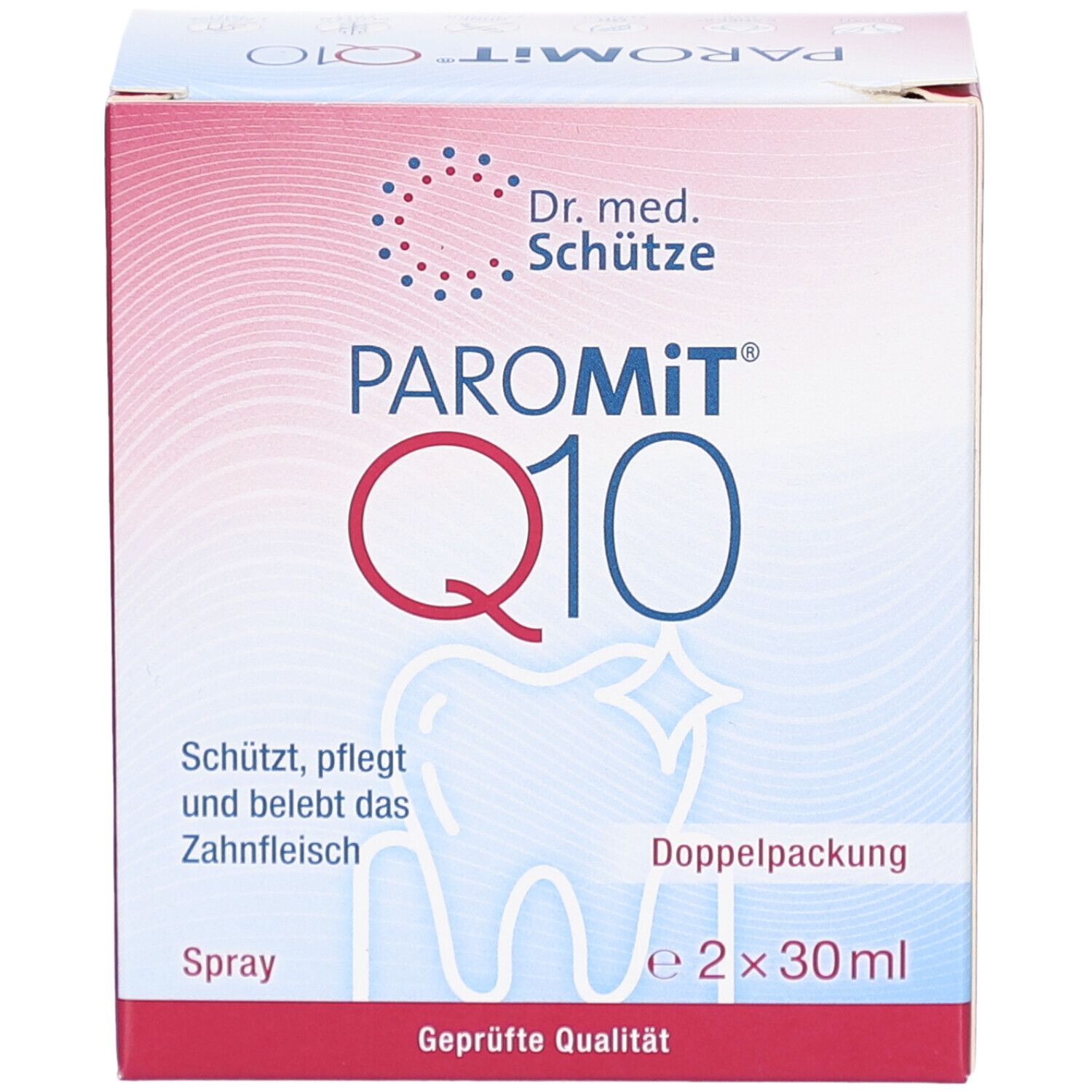 Karton von PAROMiT Q10. Aufschrift: Schützt, pflegt und belebt das Zahnfleisch. Logo: Zahn mit Stern. Doppelpackung, 2x30ml. Geprüfte Qualität.