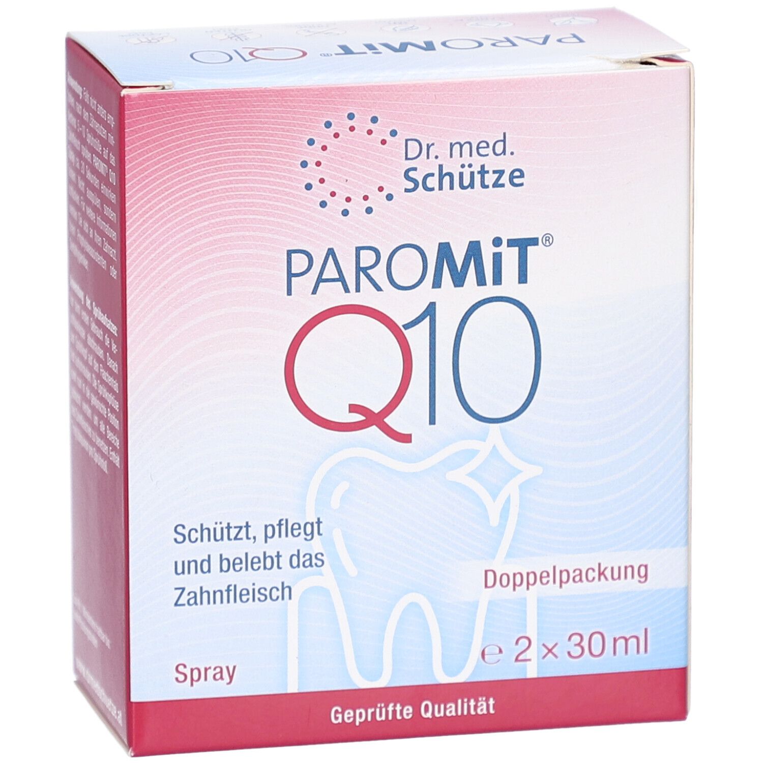 Karton von PAROMiT Q10. Aufschrift: Schützt, pflegt und belebt das Zahnfleisch. Logo: Zahn mit Stern. Doppelpackung, 2x30ml. Geprüfte Qualität.