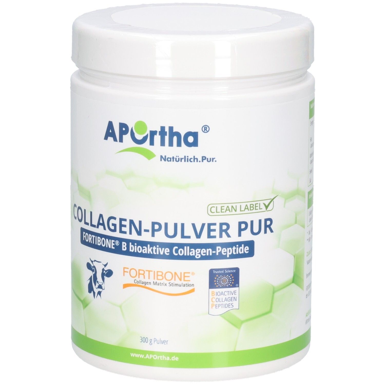 APOrtha® FORTIBONE® B Collagen-Pulver PUR: Weißer Behälter mit blauem und grünem Etikett. 300g Pulver.
