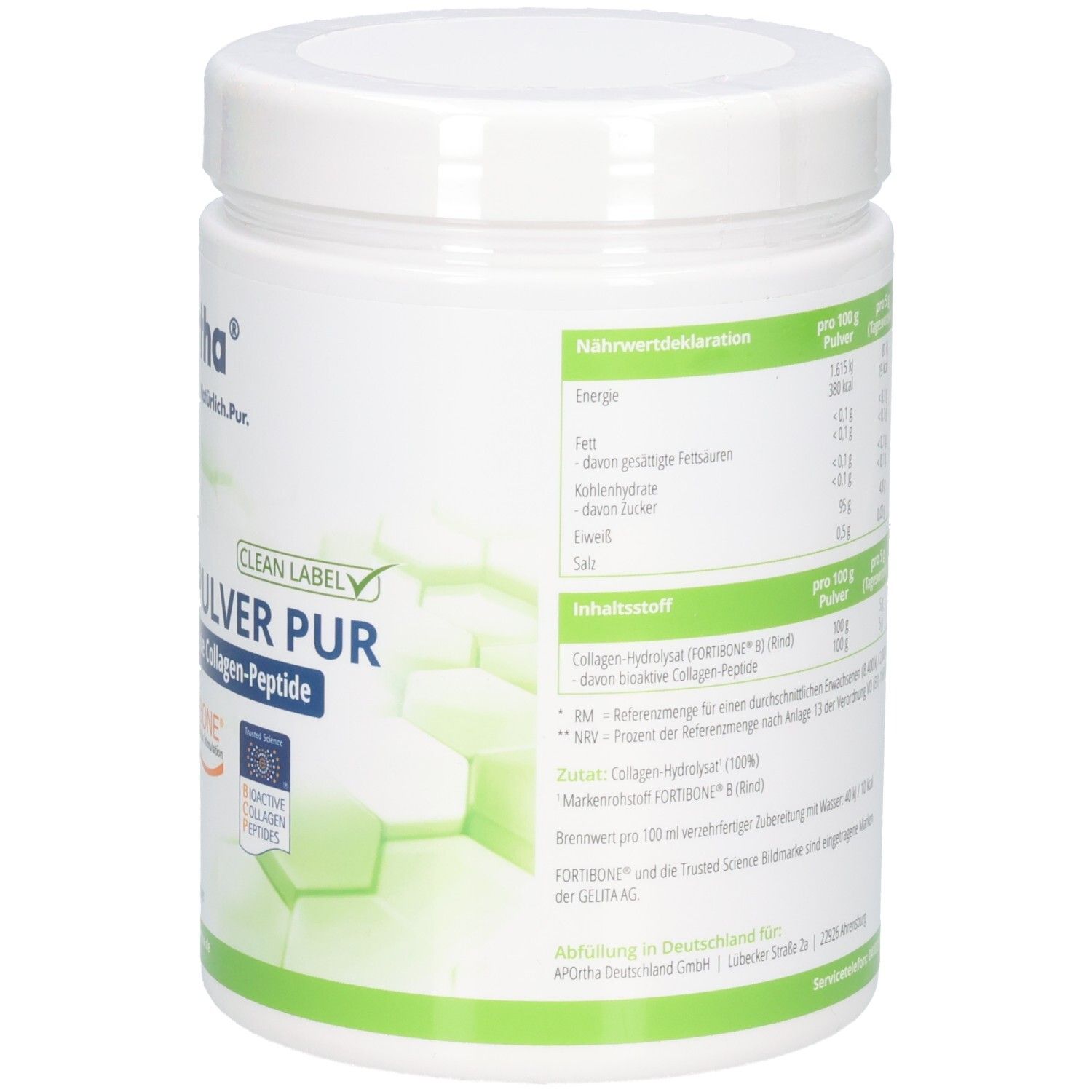 Etikett des APOrtha® FORTIBONE® B Collagen-Pulver Behälters mit Nährwertangaben.