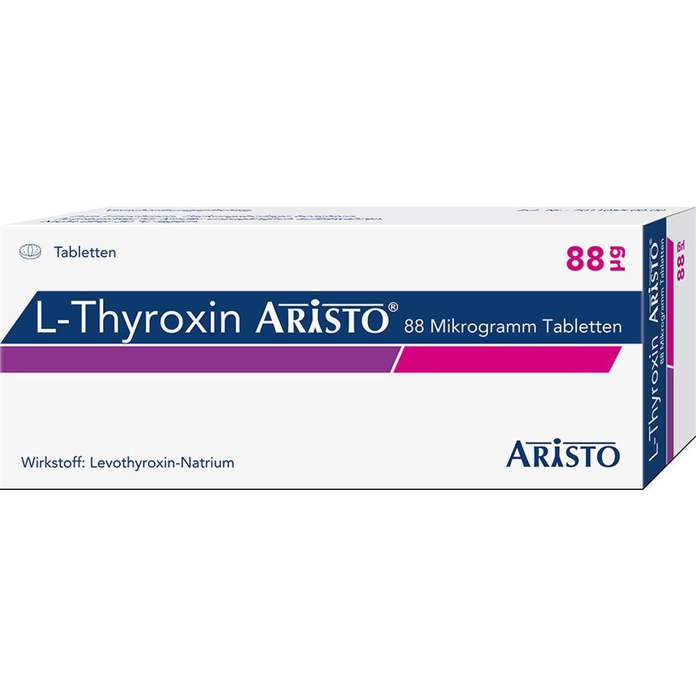 Weiße Schachtel mit L-Thyroxin Aristo 88 Mikrogramm Tabletten. Lila Streifen, blaue Schrift. Aristo-Logo.