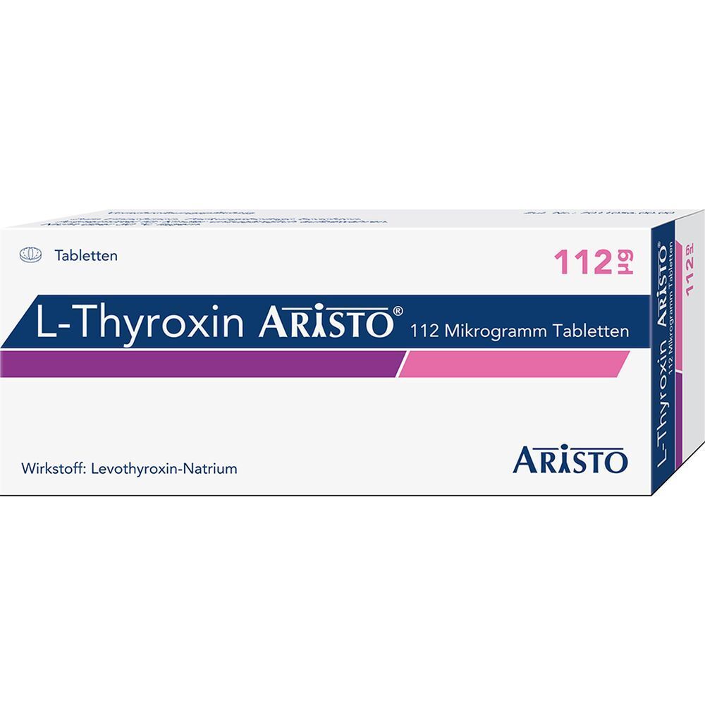 L-Thyroxin Aristo 112 Mikrogramm Tabletten. Weiße Schachtel mit blauer und pinkfarbener Schrift. Wirkstoff: Levothyroxin-Natrium.
