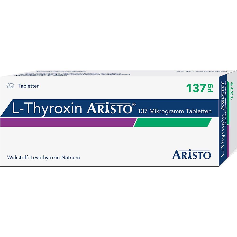 Verpackung von L-Thyroxin Aristo Tabletten. Aufschrift: L-Thyroxin Aristo 137 Mikrogramm Tabletten. Wirkstoff: Levothyroxin-Natrium.