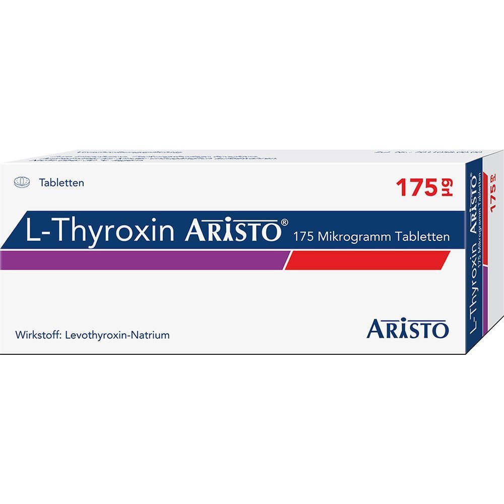 Schachtel mit L-Thyroxin Aristo 175 Mikrogramm Tabletten. Weiß, mit lila und roter Beschriftung. Aristo-Logo.