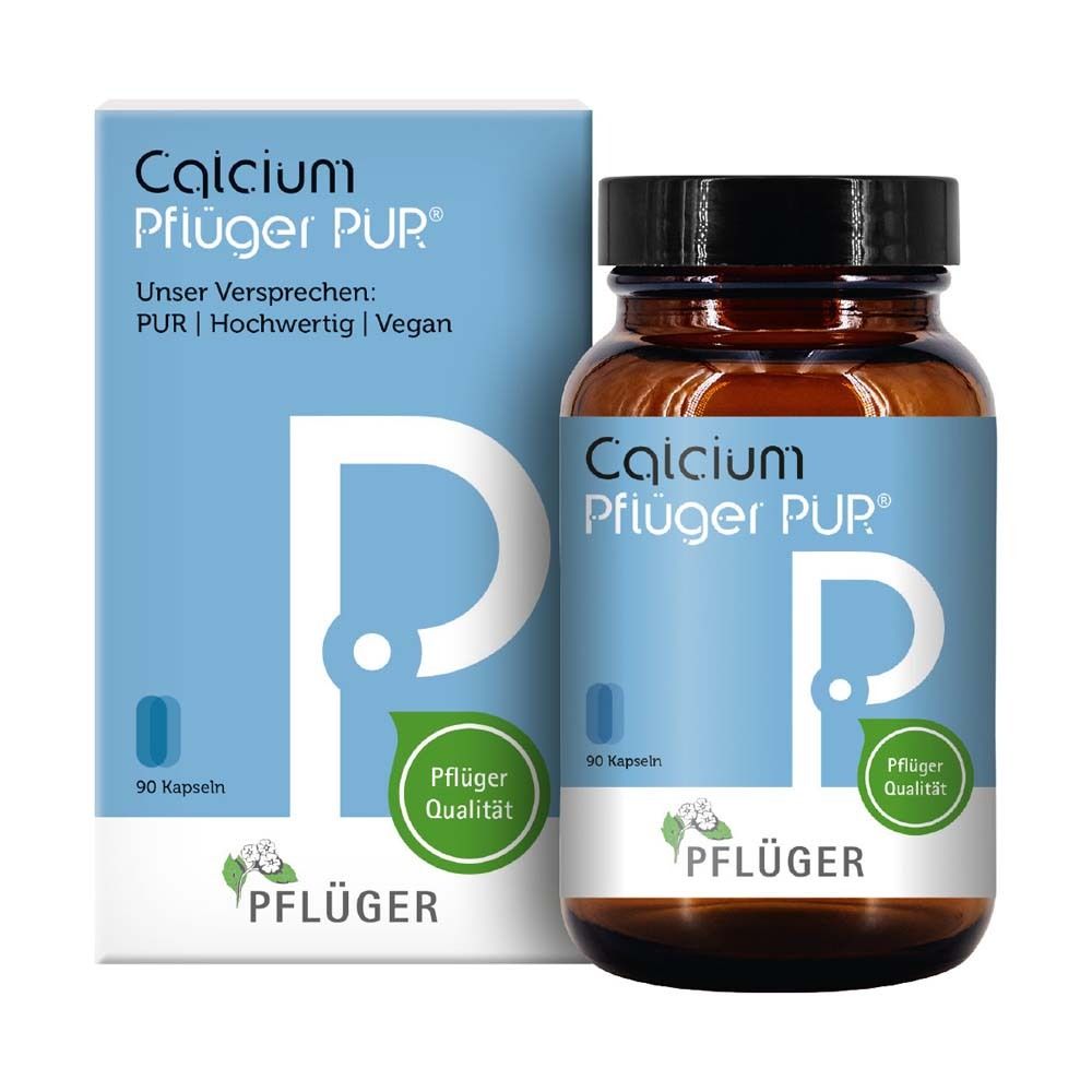 Calcium Pflüger® PUR-Packung und -Flasche. Blaue Verpackung mit weißem „P“ und Produktinformationen. 90 Kapseln.