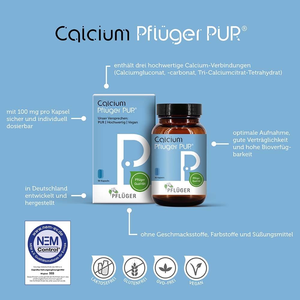Calcium Pflüger® PUR-Flasche und -Packung mit Text und Grafiken. Enthält drei Calcium-Verbindungen. NEM Control-Zertifizierung.