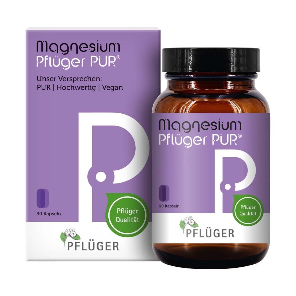 Packung und Flasche Magnesium Pflüger PUR. Lila Verpackung mit weißem P. Flasche mit braunem Glas. 90 Kapseln.