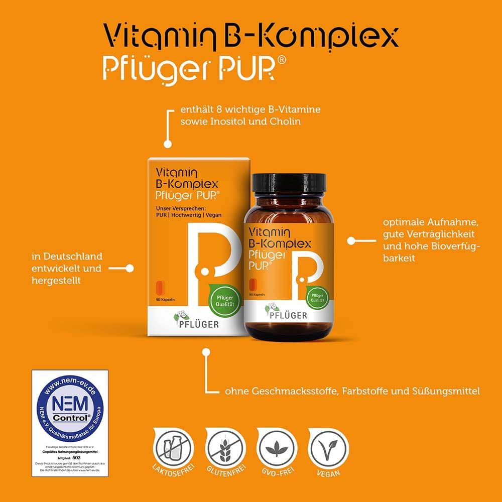 Vitamin B-Komplex Pflüger® PUR. Verpackung und Flasche. Text: Enthält 8 wichtige B-Vitamine. NEM Control.