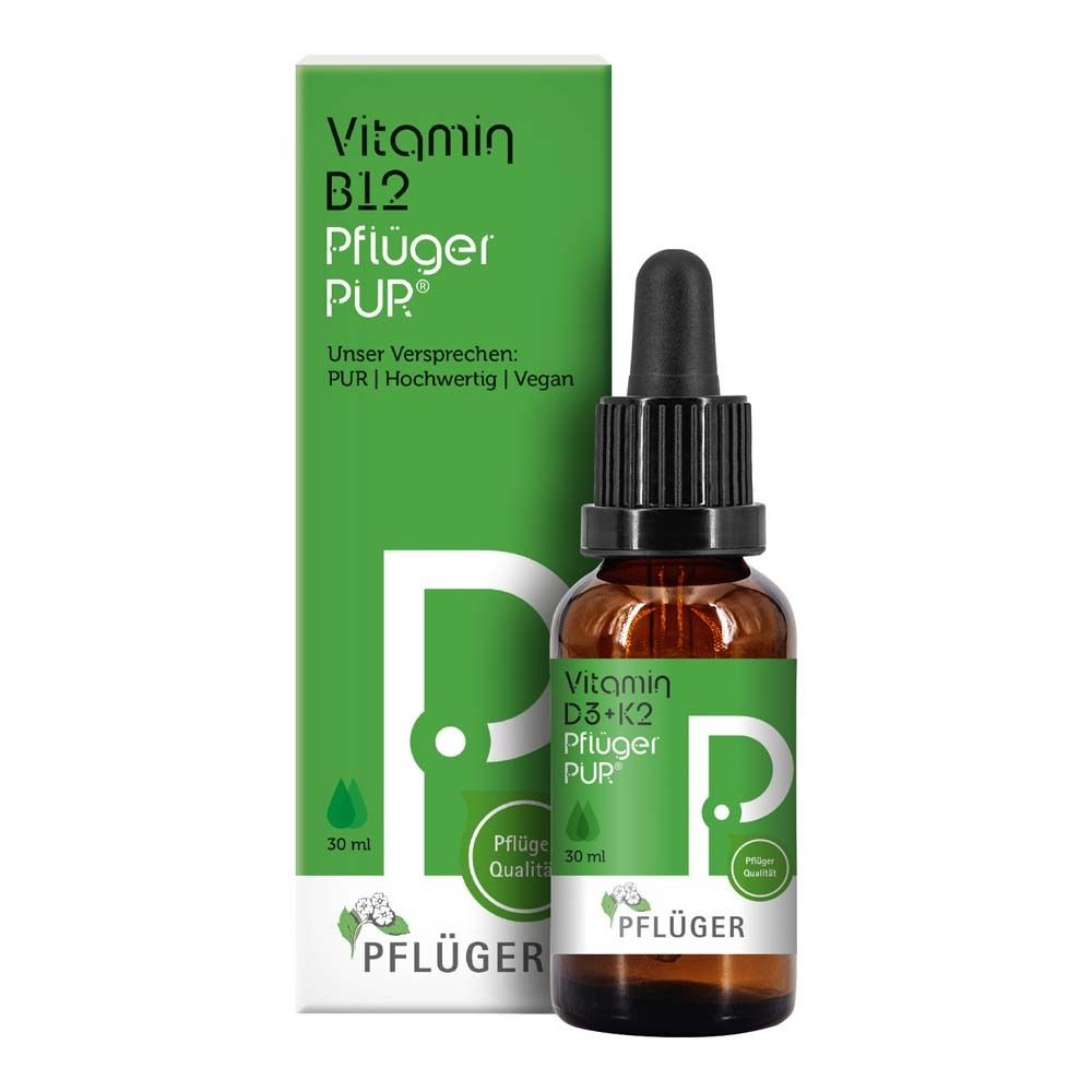 Vitamin B12 Pflüger® PUR. Tropfflasche und Verpackung. Grün-weißes Design. 30 ml.