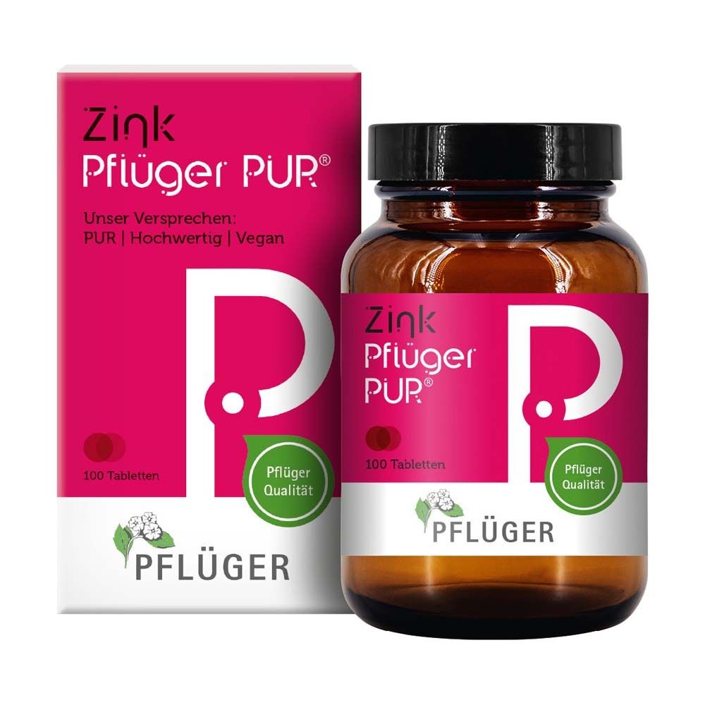 Zink Pflüger® PUR Tabletten und Verpackung. Rosa und weiß. 100 Tabletten. Pflüger Qualität.