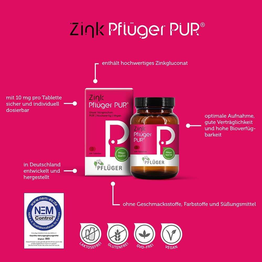Zink Pflüger® PUR Tabletten und Verpackung. Enthält Zinkgluconat. In Deutschland hergestellt. NEM Control.