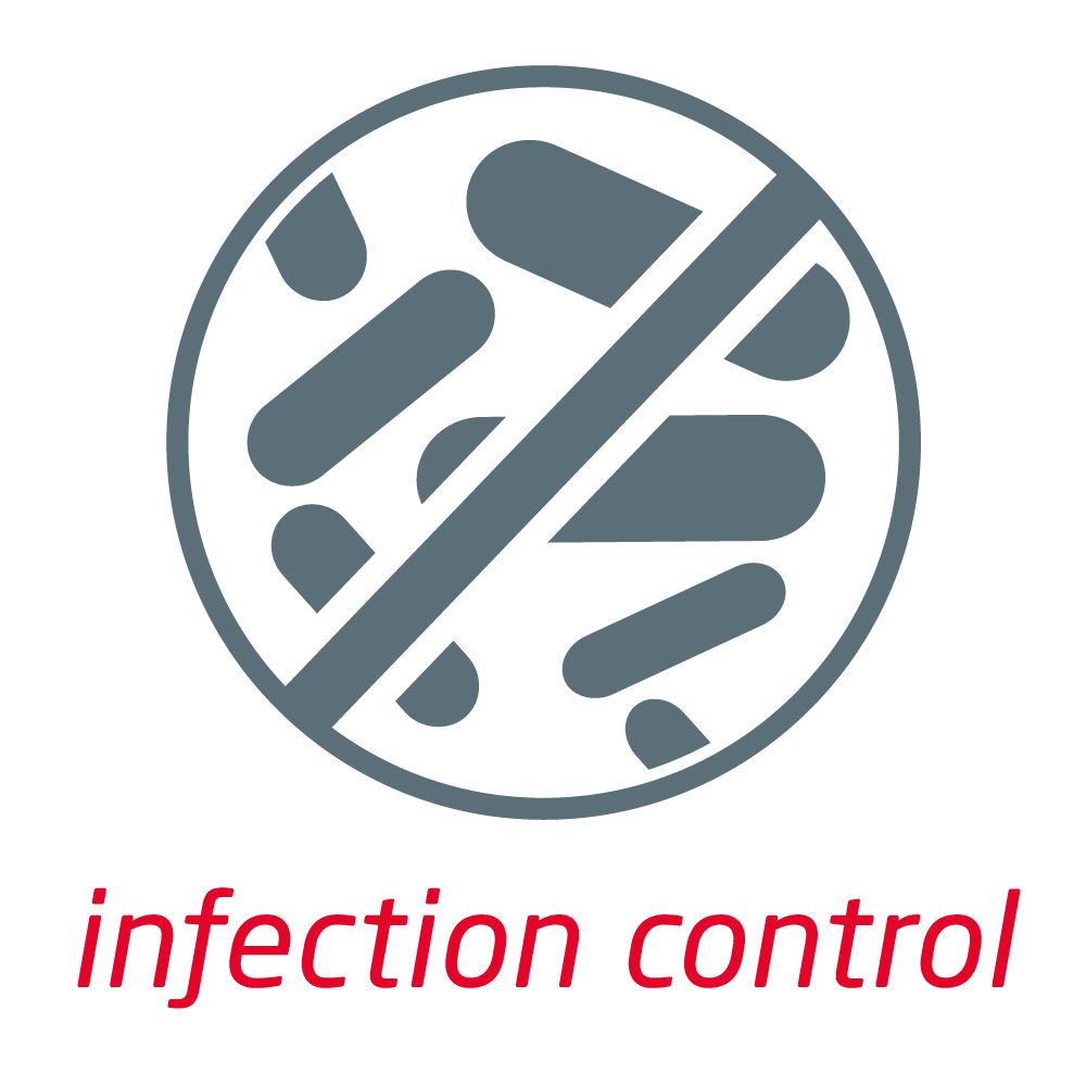 Symbol für Infektionskontrolle mit durchgestrichenen Bakterien.