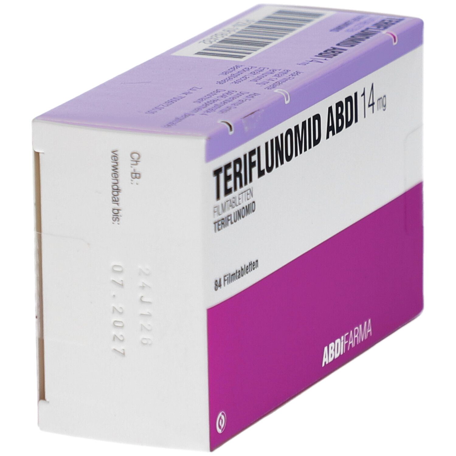 Schachtel TERIFLUNOMID ABDI 14 mg. Seitenansicht. Haltbarkeitsdatum 07.2027. 84 Filmtabletten. Rosa und weiße Verpackung.