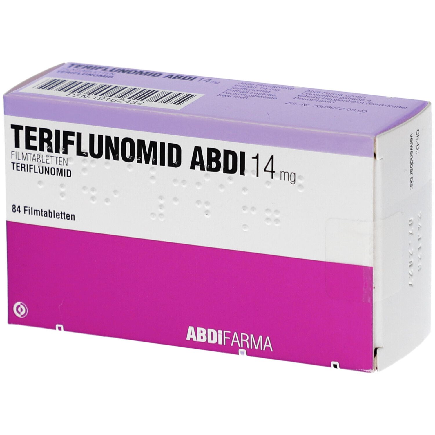 Schachtel TERIFLUNOMID ABDI 14 mg Filmtabletten. 84 Tabletten. Rosa und weiße Verpackung mit Produktnamen und Logo.