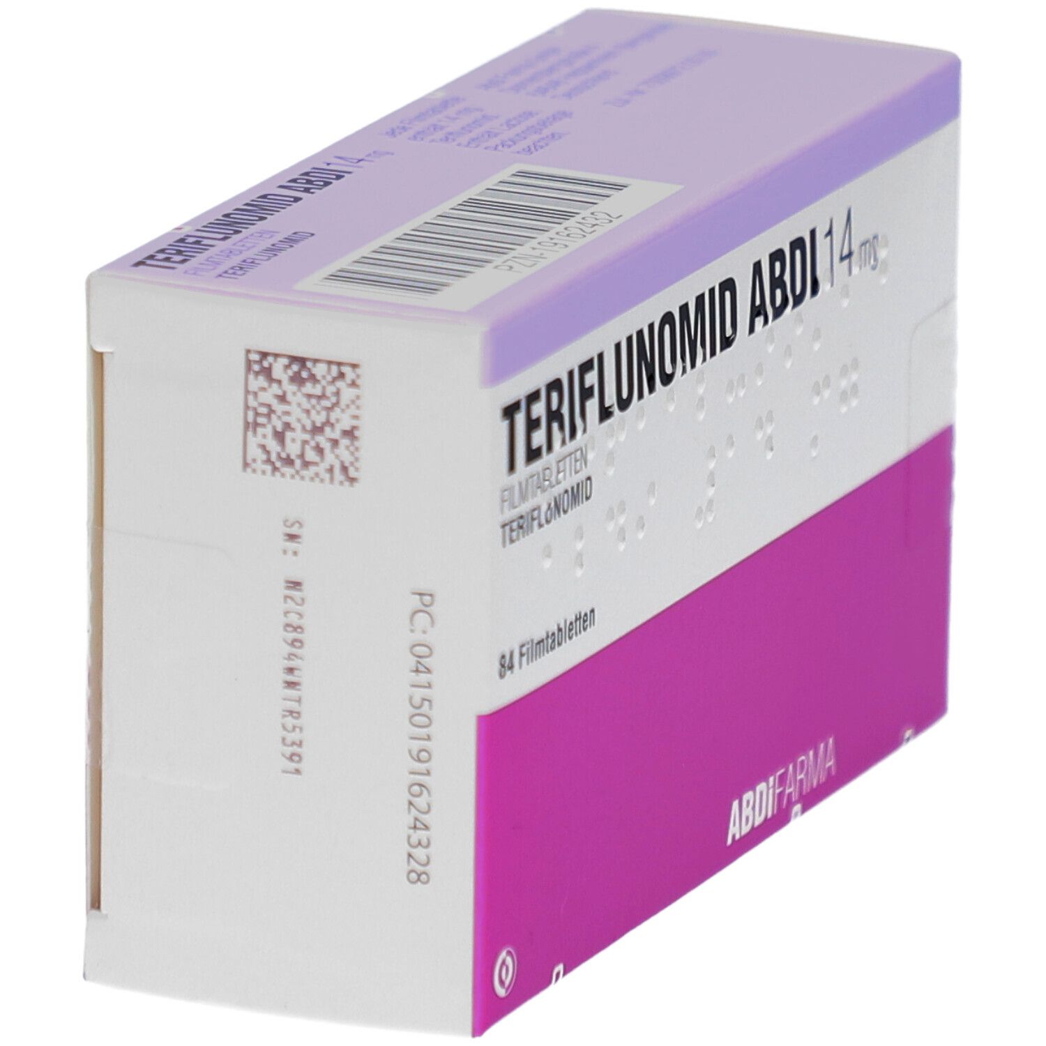 Schachtel TERIFLUNOMID ABDI 14 mg. Seitenansicht. 84 Filmtabletten. Rosa und weiße Verpackung mit Barcode und QR-Code.