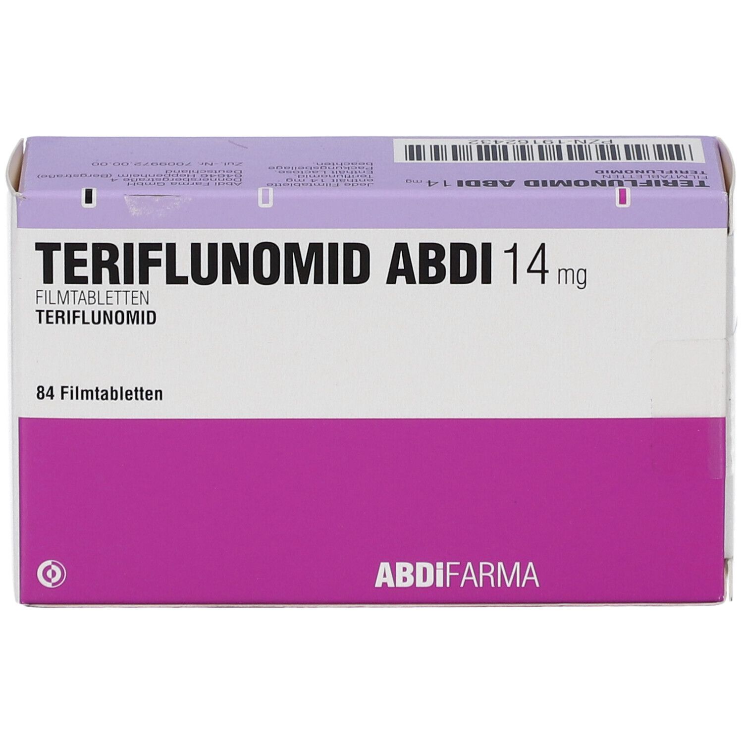 Schachtel TERIFLUNOMID ABDI 14 mg Filmtabletten. 84 Tabletten. Rosa und weiße Verpackung mit Produktnamen und Logo.