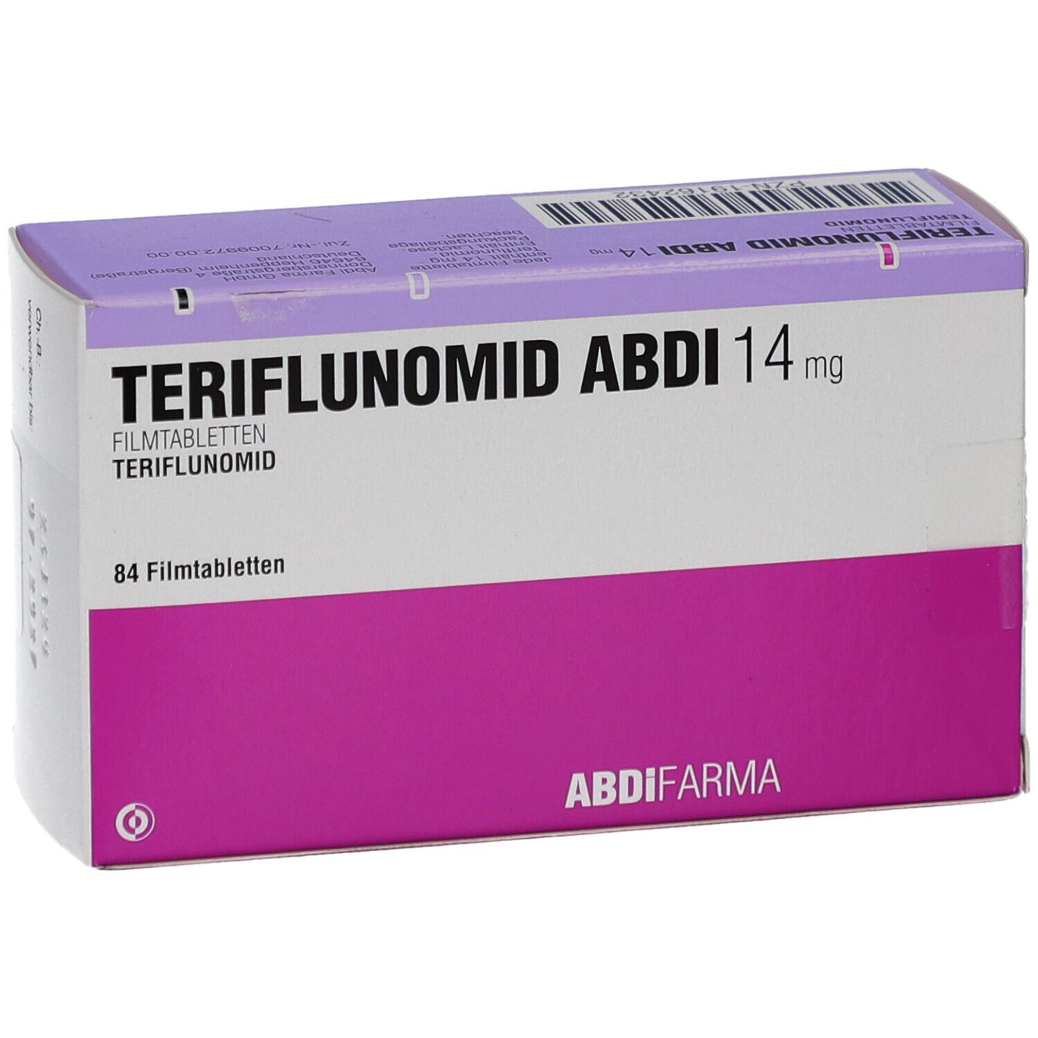Schachtel TERIFLUNOMID ABDI 14 mg Filmtabletten. 84 Tabletten. Rosa und weiße Verpackung mit Produktnamen und Logo.