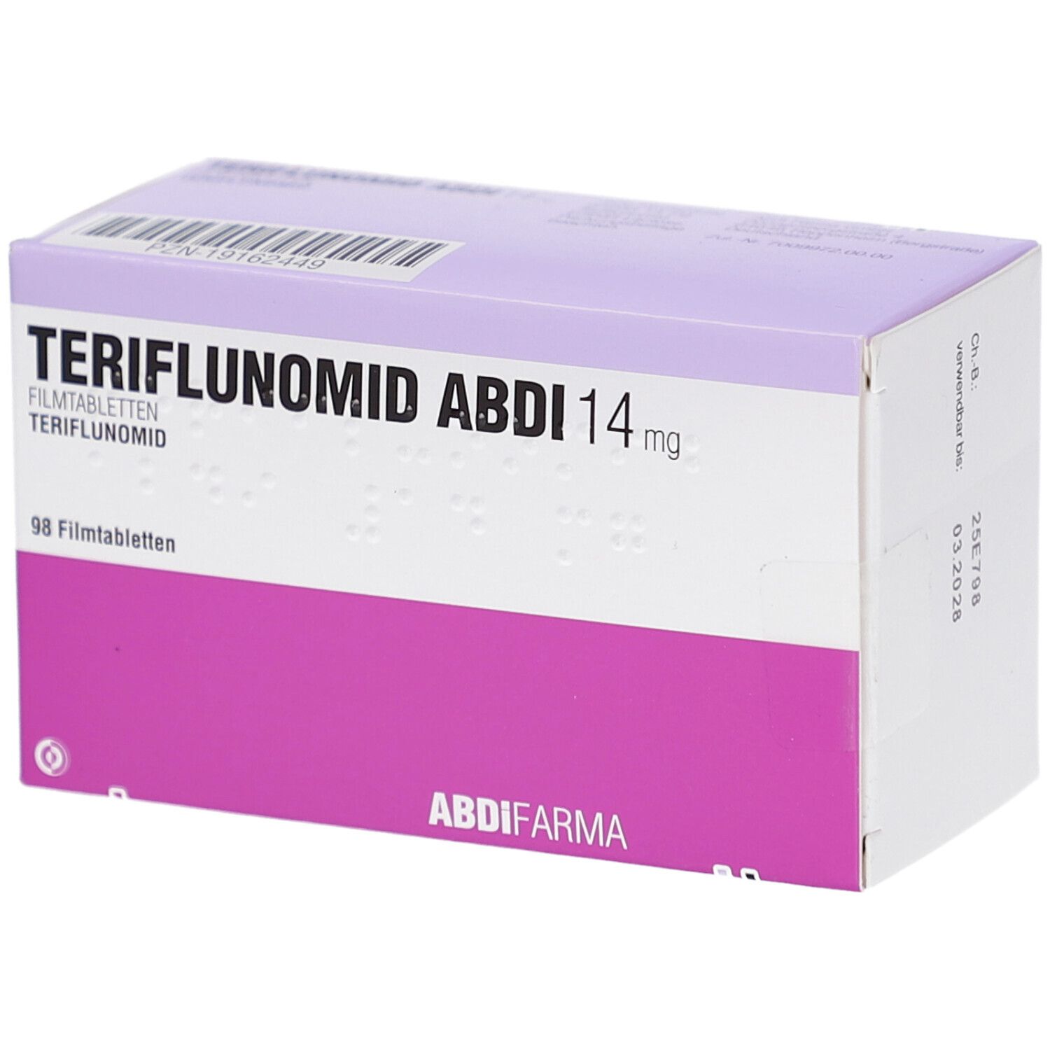 Schachtel TERIFLUNOMID ABDI 14 mg Filmtabletten. Lila und weiß. 98 Filmtabletten. ABDI FARMA Logo.