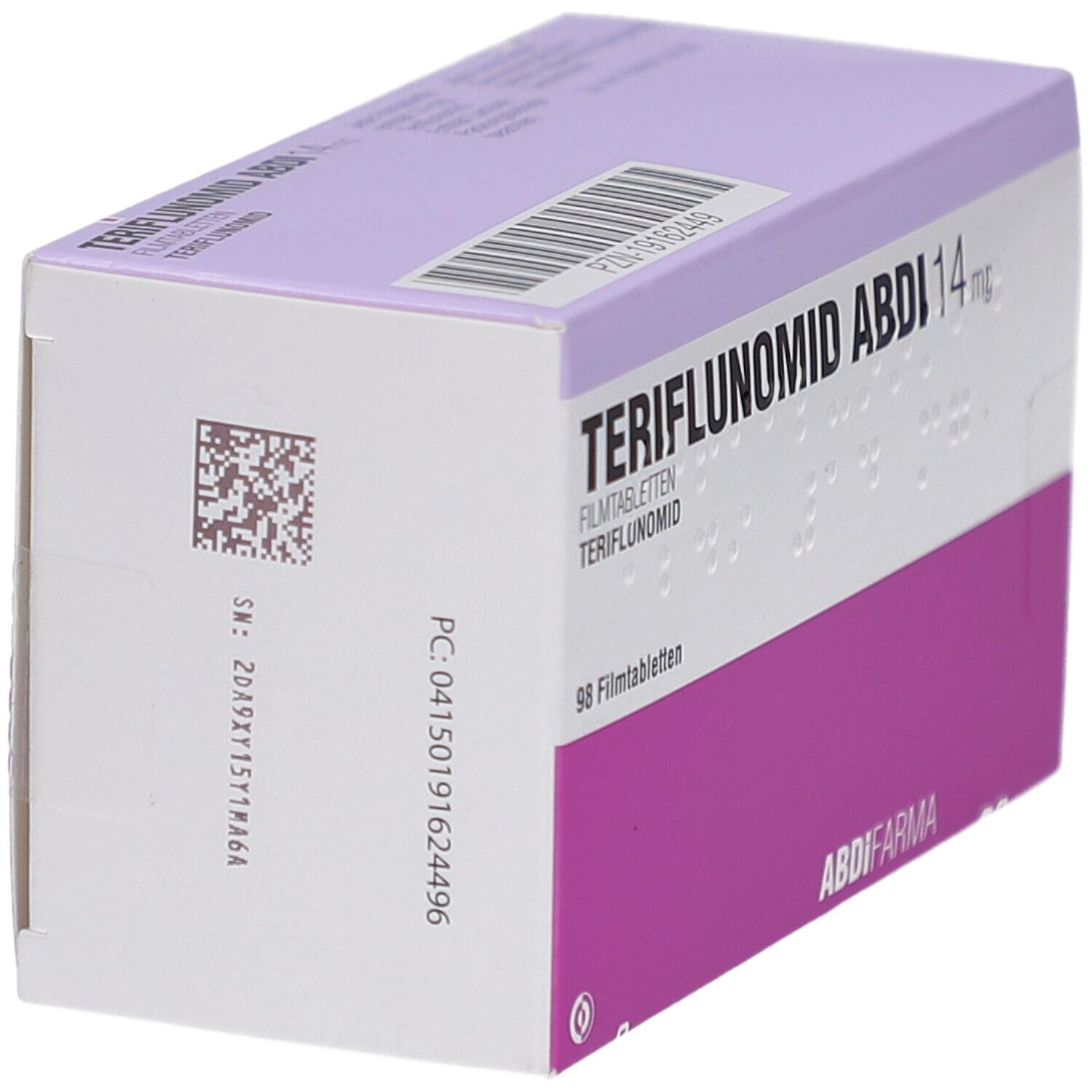 Schachtel TERIFLUNOMID ABDI 14 mg Filmtabletten. Lila und weiß. Barcode und QR-Code. ABDI FARMA Logo.