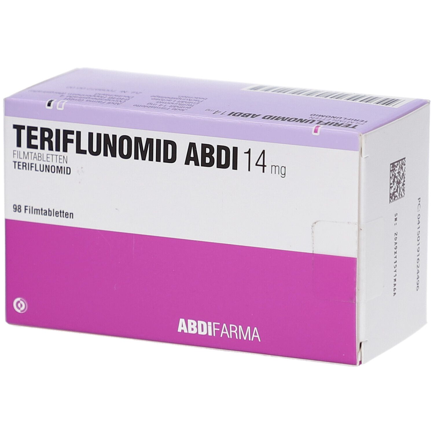 Schachtel TERIFLUNOMID ABDI 14 mg Filmtabletten. Lila und weiß. 98 Filmtabletten. ABDI FARMA Logo.