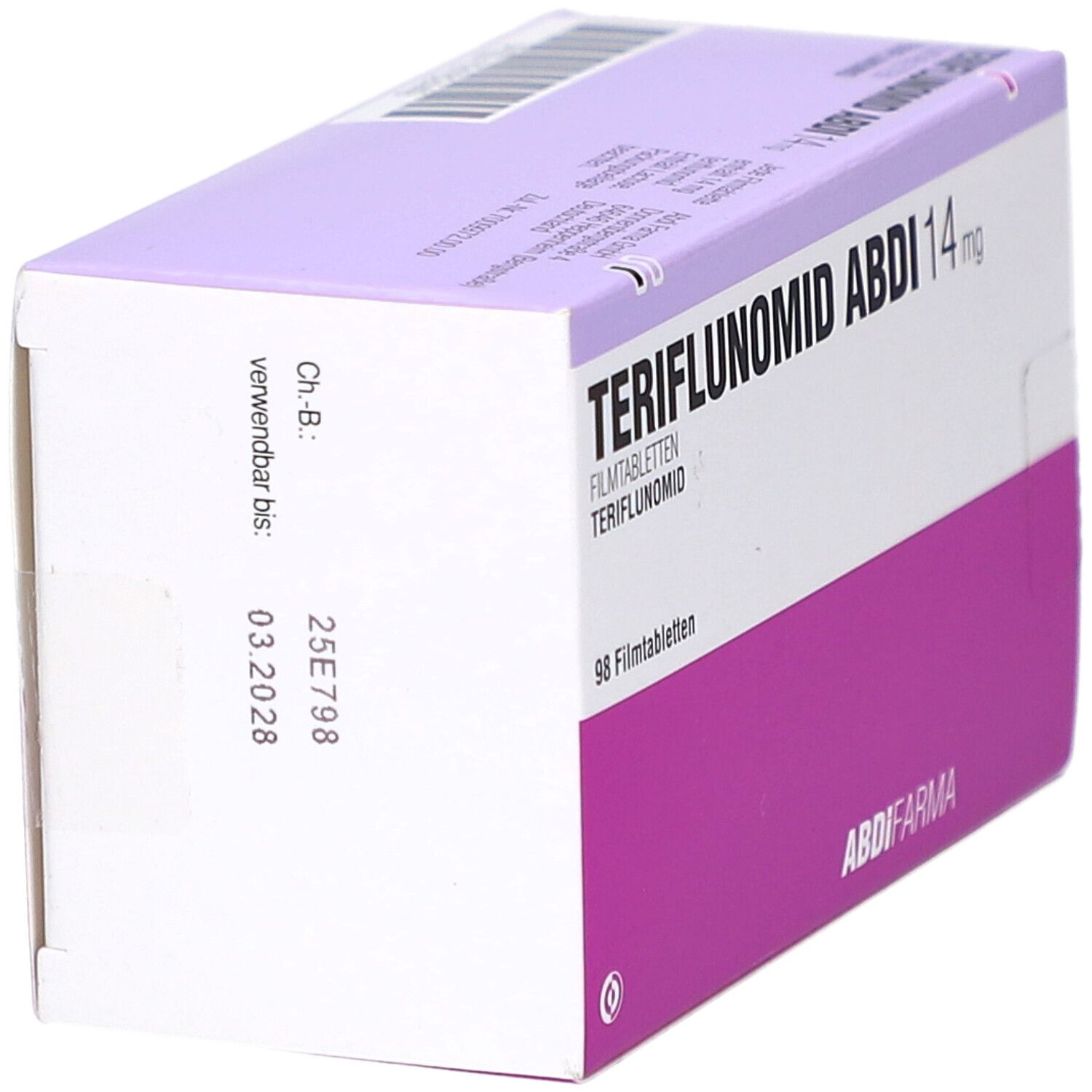Schachtel TERIFLUNOMID ABDI 14 mg Filmtabletten. Lila und weiß. Verfallsdatum. ABDI FARMA Logo.