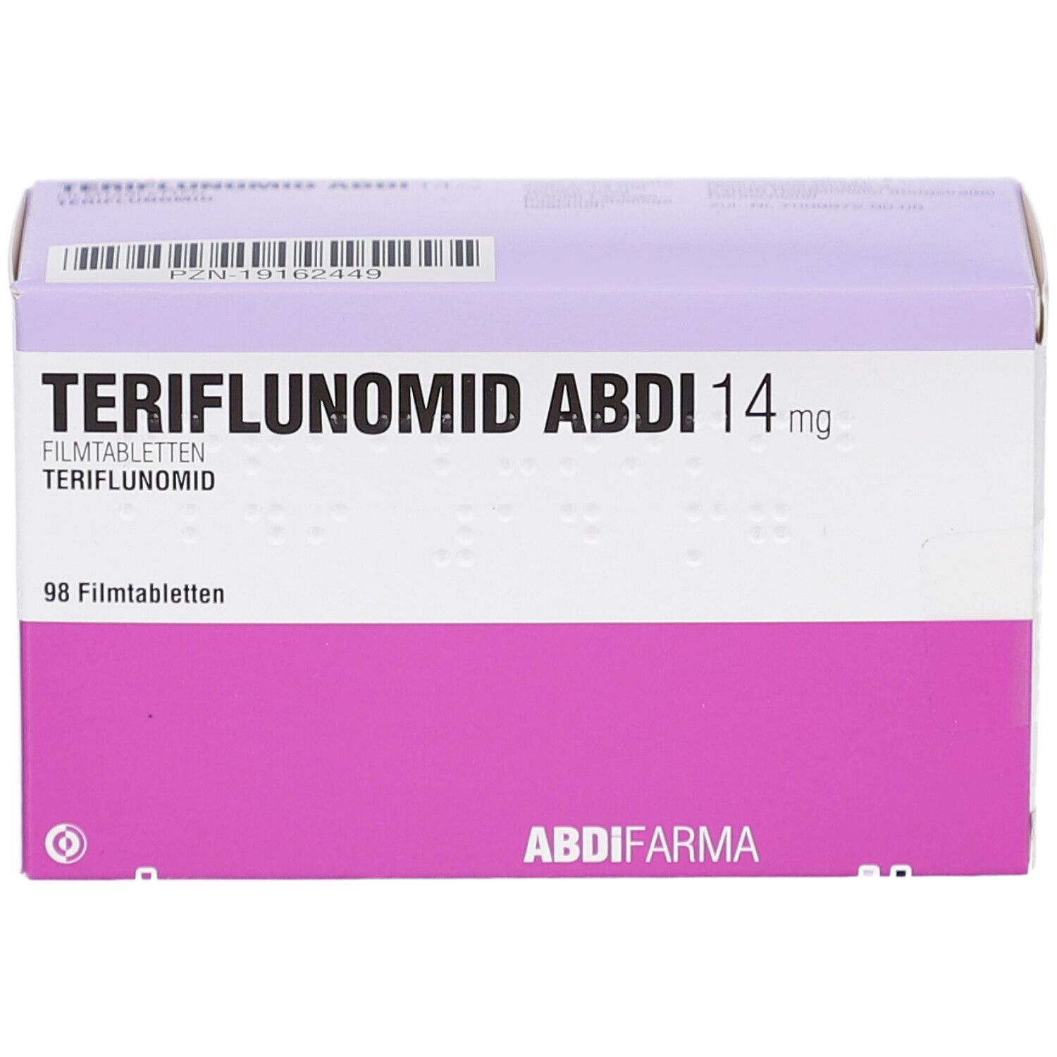 Schachtel TERIFLUNOMID ABDI 14 mg Filmtabletten. Lila und weiß. 98 Filmtabletten. ABDI FARMA Logo.