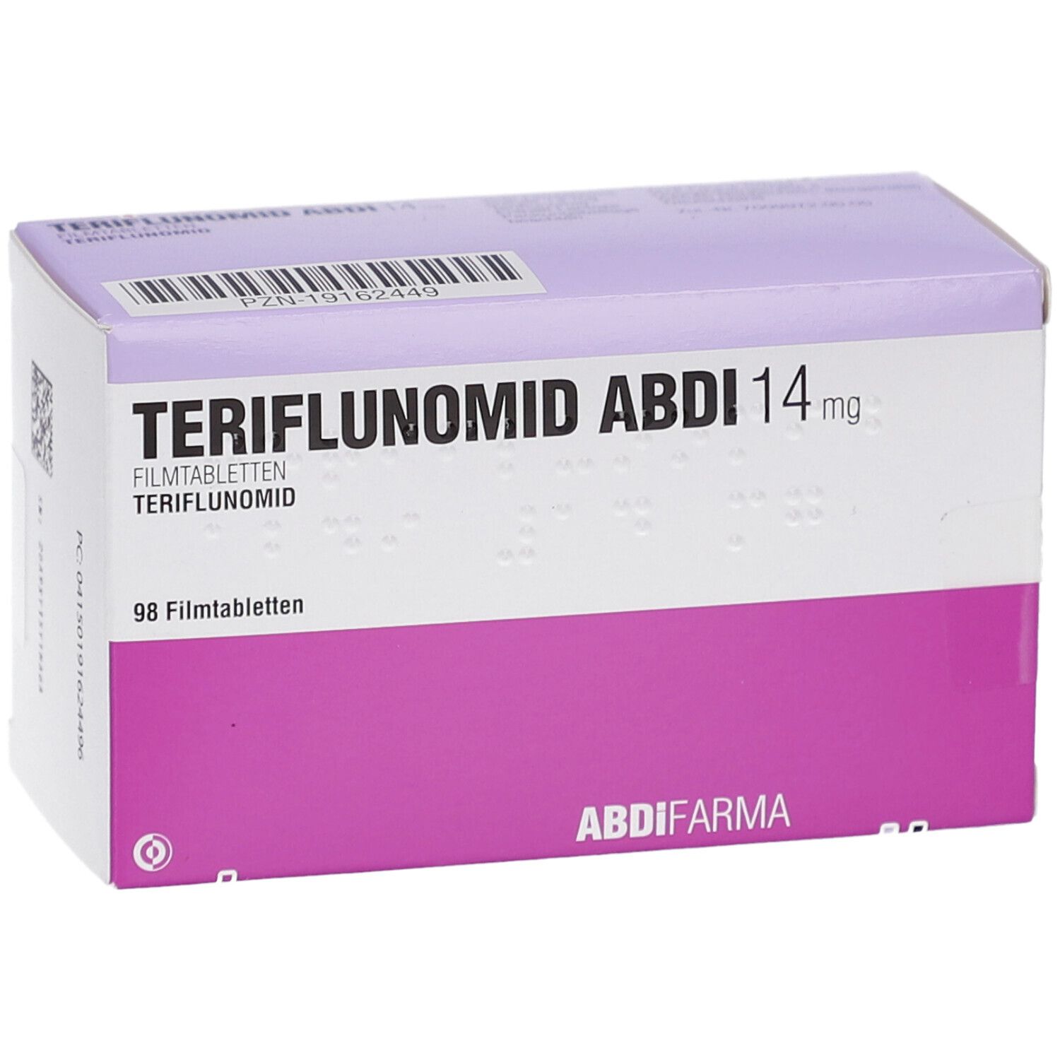 Schachtel TERIFLUNOMID ABDI 14 mg Filmtabletten. Lila und weiß. 98 Filmtabletten. ABDI FARMA Logo.
