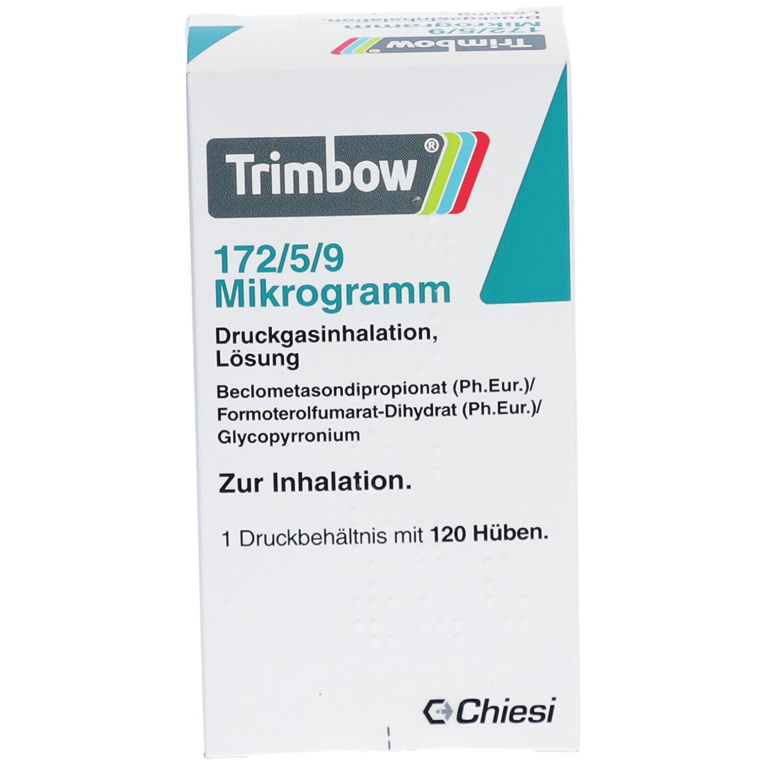 Weiße Schachtel mit Produktinformationen. Aufschrift: Trimbow 172/5/9 Mikrogramm. Druckgasinhalation, Lösung. Chiesi-Logo.