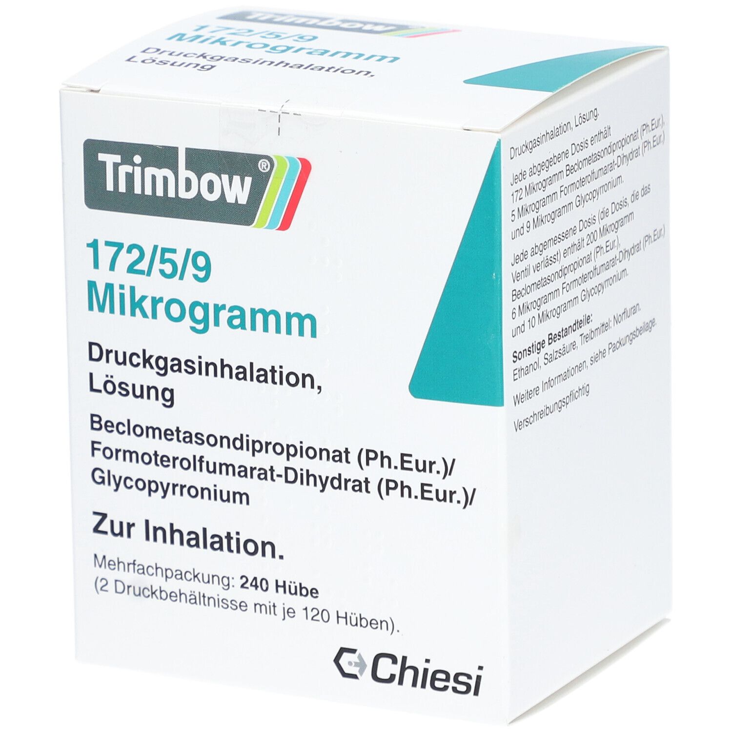 Weiße Faltschachtel mit Produktinformationen. Aufdruck: Trimbow, 172/5/9 Mikrogramm, Druckgasinhalation, Lösung. Hersteller: Chiesi.