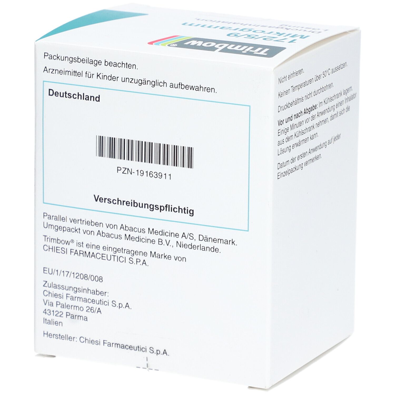 Weiße Faltschachtel mit Barcode und Text. Aufdruck: Deutschland, Verschreibungspflichtig. Hersteller: Chiesi. Adresse: Palermo, Italien.