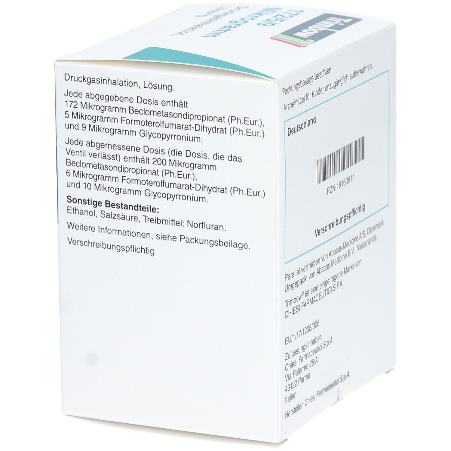 Weiße Faltschachtel mit Produktinformationen. Aufdruck: Druckgasinhalation, Lösung. Hersteller: Chiesi. Text: Dosierung, Inhaltsstoffe, Packungsbeilage.