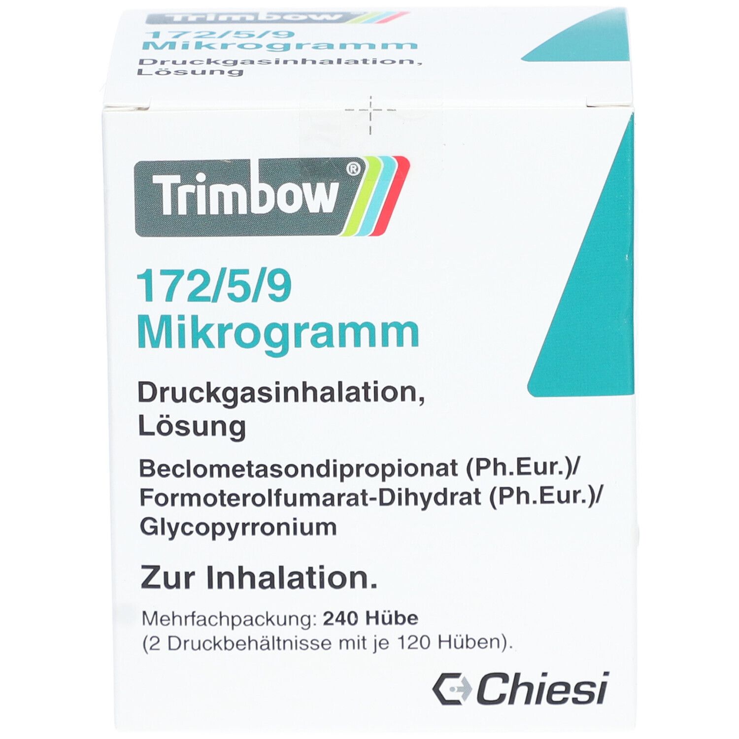 Weiße Faltschachtel mit Produktinformationen. Aufdruck: Trimbow, 172/5/9 Mikrogramm, Druckgasinhalation, Lösung. Hersteller: Chiesi. Packung: 240 Hübe.