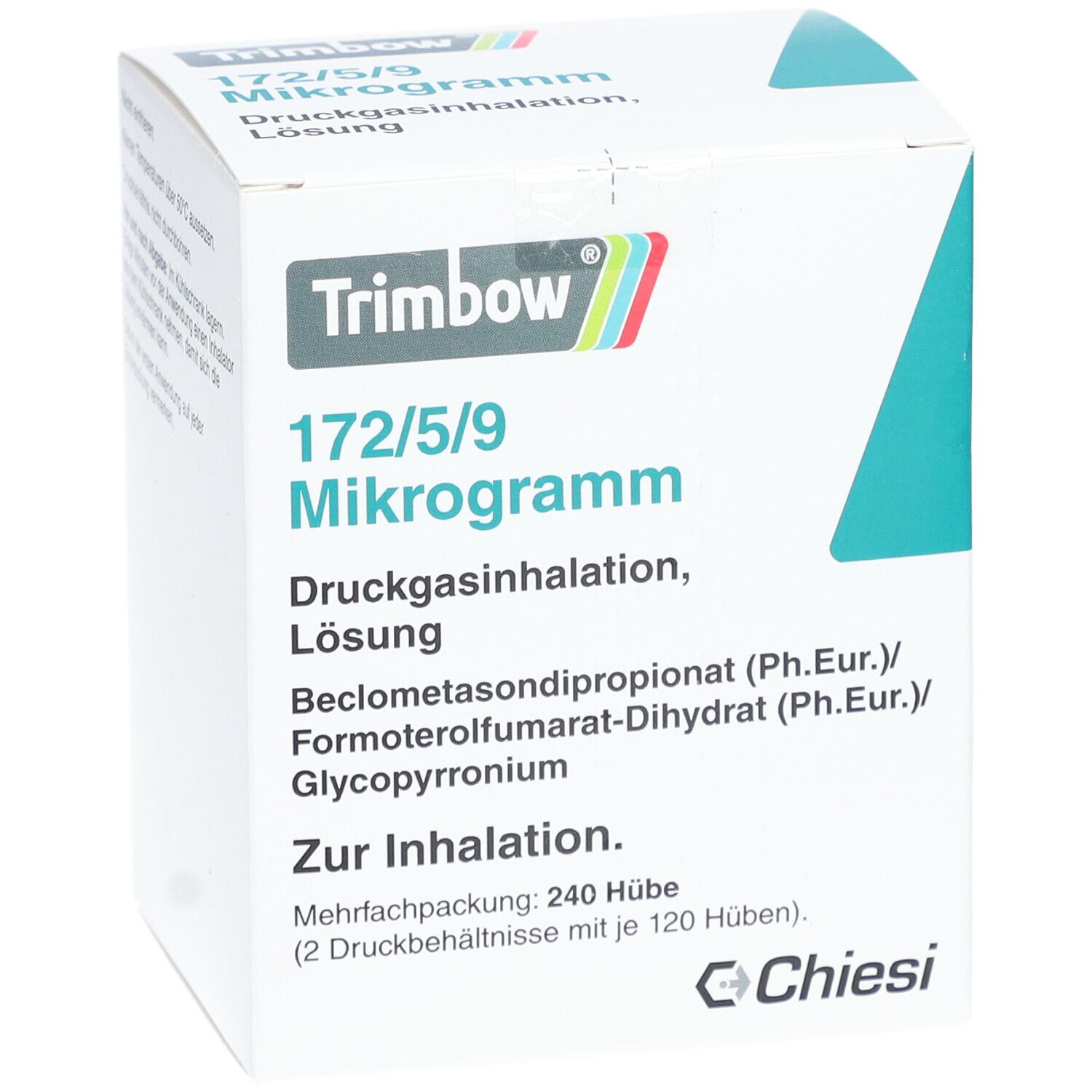 Weiße Faltschachtel mit Produktinformationen. Aufdruck: Trimbow, 172/5/9 Mikrogramm, Druckgasinhalation, Lösung. Hersteller: Chiesi. Packung: 240 Hübe.