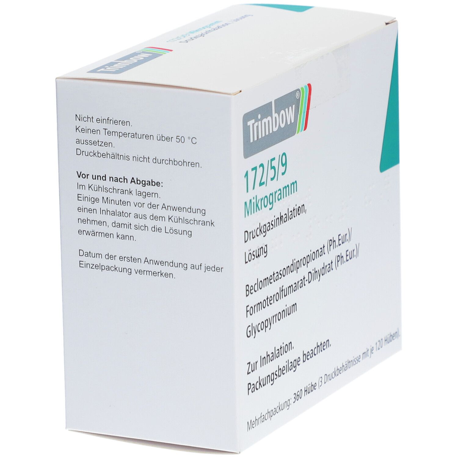 Weißer Karton mit Produktinformationen. Aufschrift: Trimbow 172/5/9 Mikrogramm. Druckgasinhalation, Lösung. Hinweise zur Anwendung.