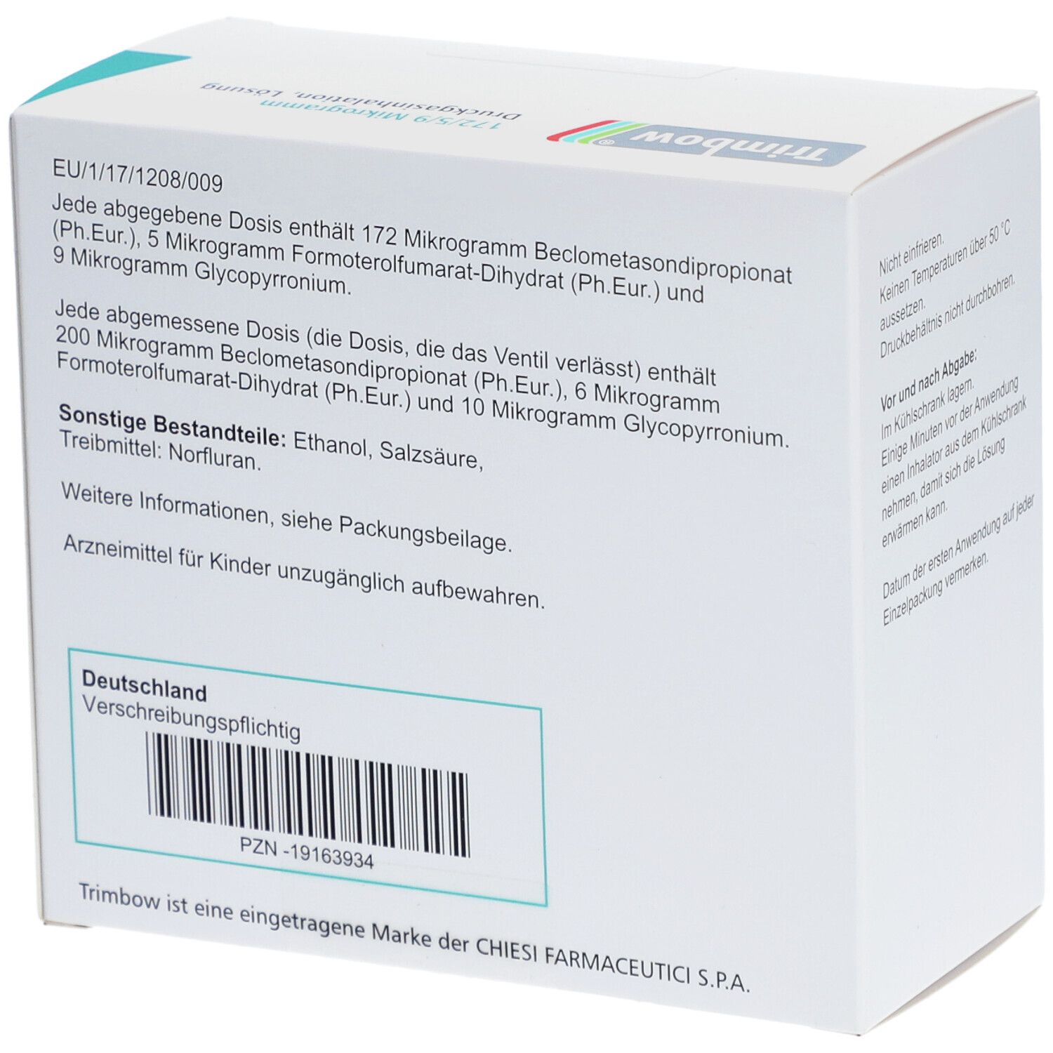 Weißer Karton mit Produktinformationen. Aufschrift: Trimbow. Enthält 172/5/9 Mikrogramm. Herstellerinformationen und Barcode.