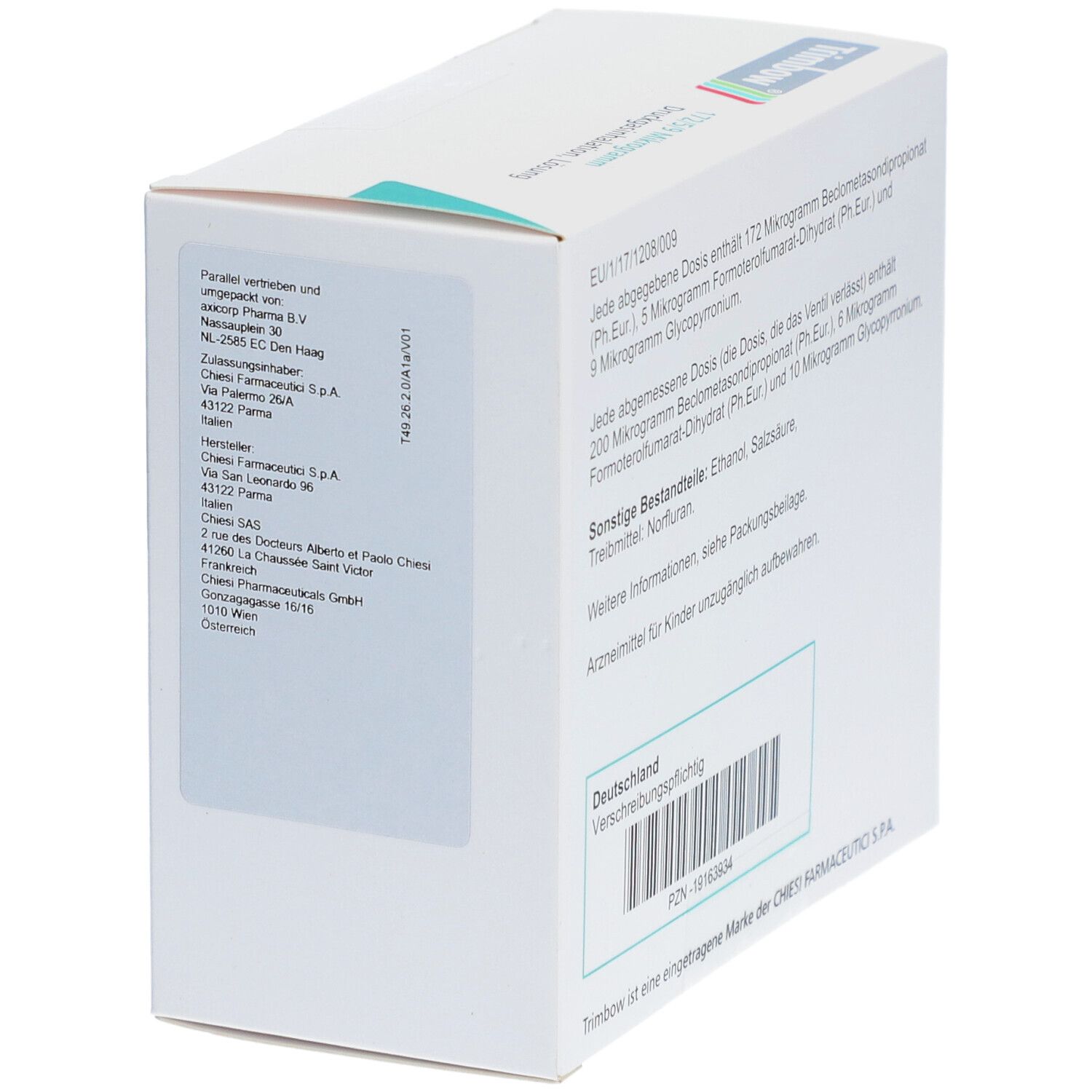 Weißer Karton mit Produktinformationen. Aufschrift: Trimbow. Herstellerinformationen und Barcode. Rückseite mit Text.