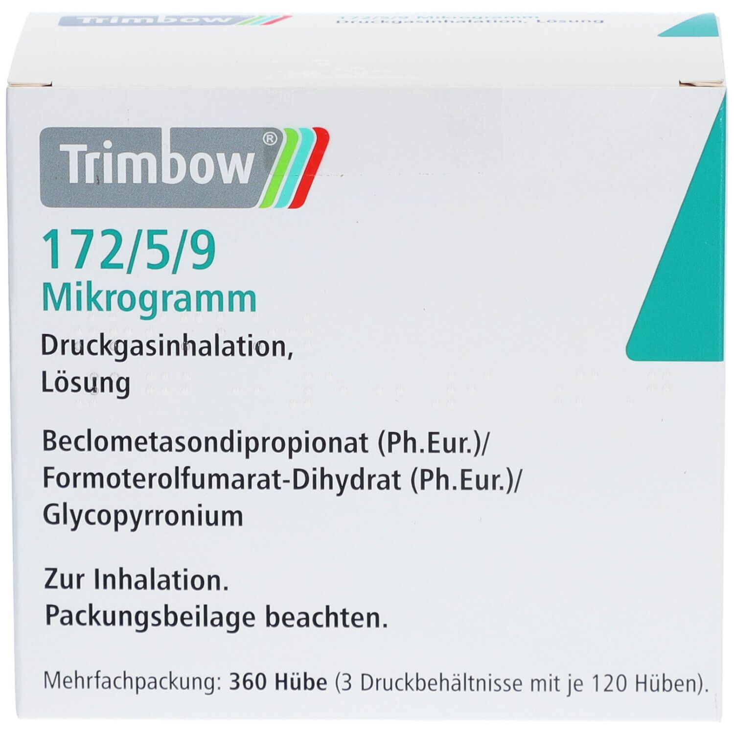 Weißer Karton mit Produktinformationen. Aufschrift: Trimbow 172/5/9 Mikrogramm. Druckgasinhalation, Lösung. Mehrfachpackung: 360 Hübe.