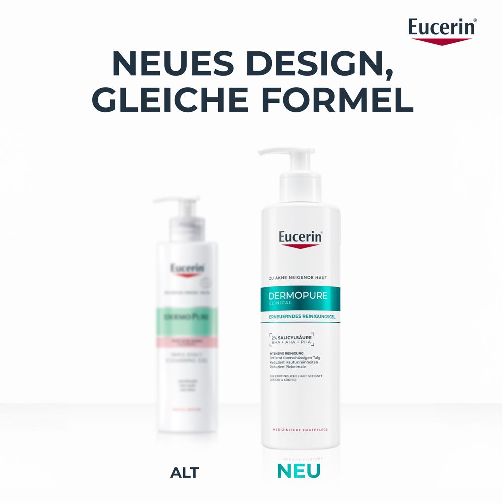 Zwei Eucerin DermoPure Reinigungsgel-Flaschen. Links: alte Version. Rechts: neue Version mit Pumpverschluss. Text: Neues Design, gleiche Formel.