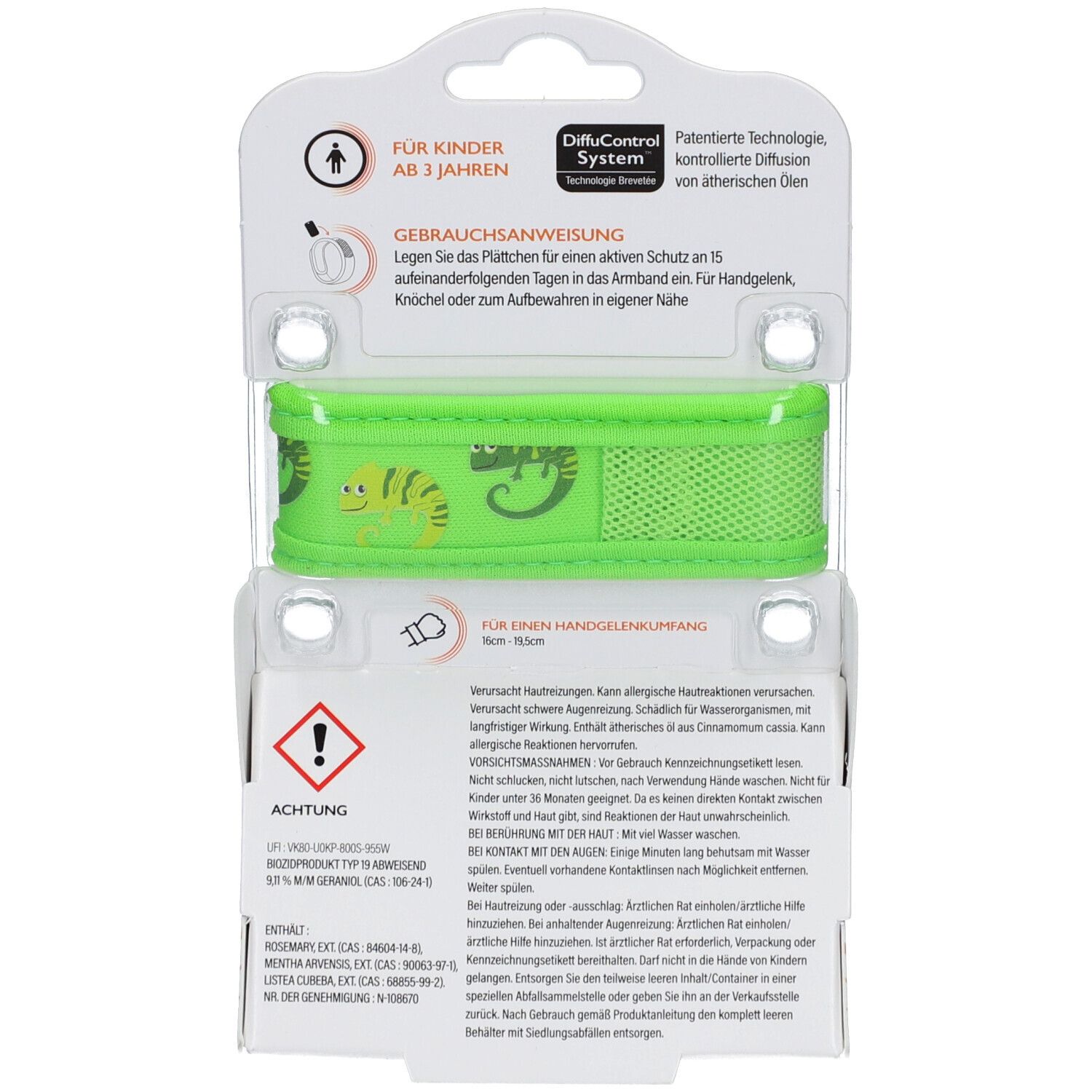 Rückseite der Blisterverpackung mit grünem Armband. Text: Für Kinder ab 3 Jahren, Gebrauchsanweisung, Warnhinweis, DiffuControl System.