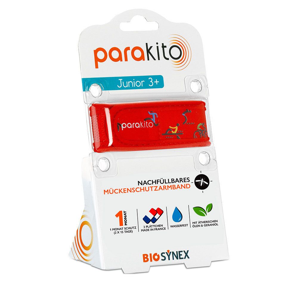 Rotes PARA'KITO Junior 3+ Mückenschutzarmband in Verpackung. Enthält eine Nachfüllpackung. Aufdrucke: Marke, Junior 3+, 1 Monat Schutz, wasserfest.