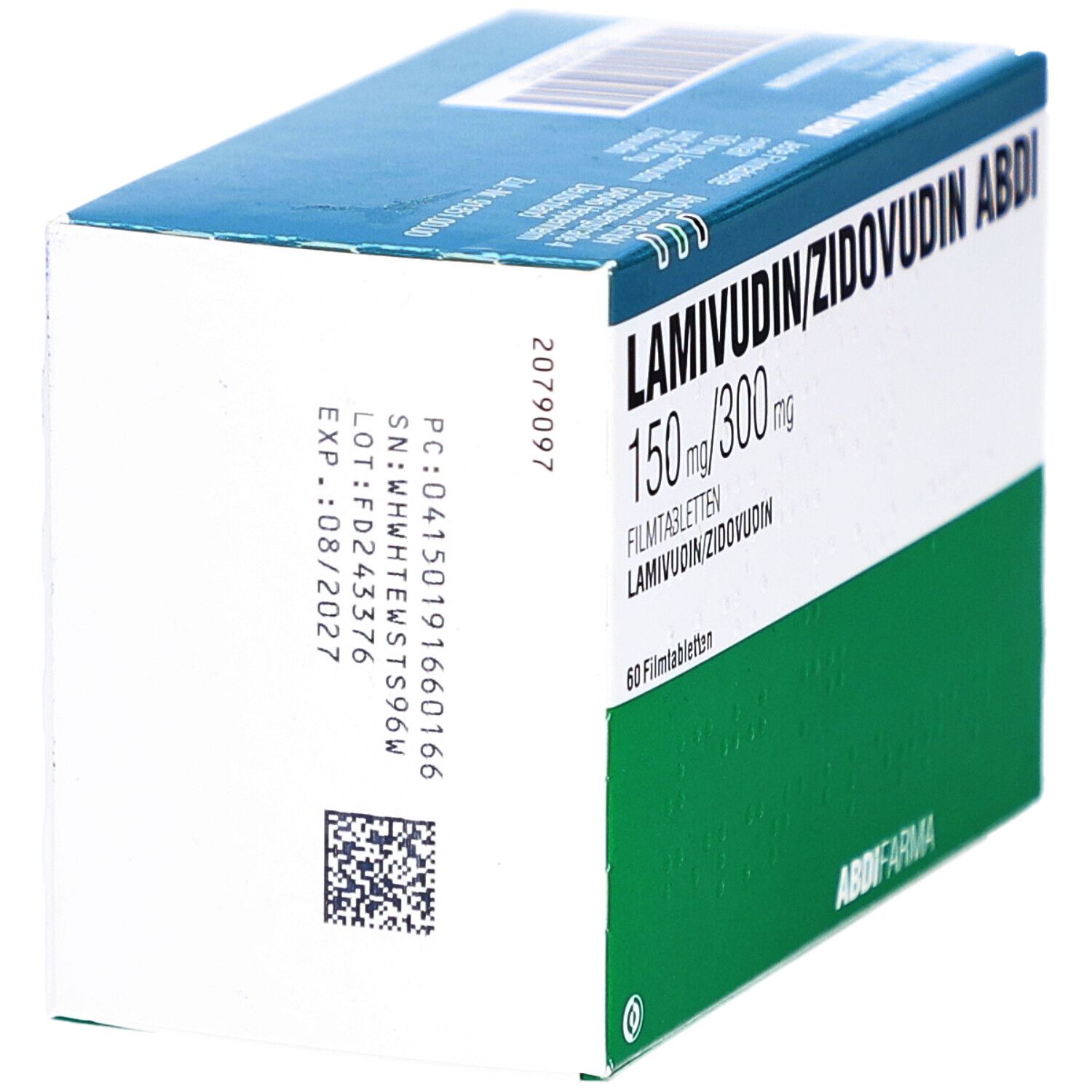 Schachtel mit Aufschrift LAMIVUDIN/ZIDOVUDIN ABDI 150 mg/300 mg Filmtabl. Angaben zu Verfallsdatum und Chargennummer.