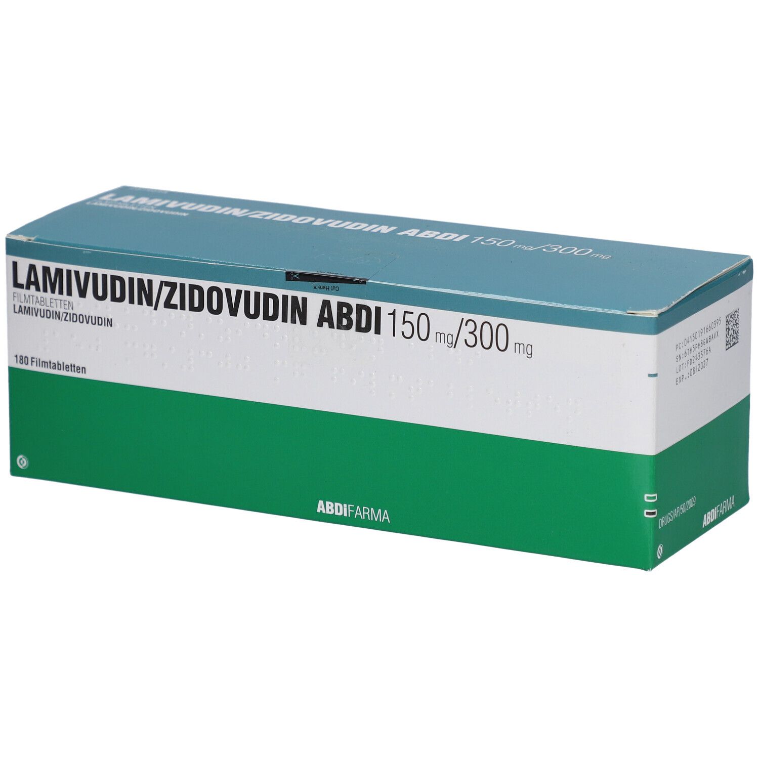 Karton mit weißem und grünem Design. Aufschrift: LAMIVUDIN/ZIDOVUDIN ABDI 150 mg/300 mg. 100 Filmtabletten. Abdi Farma Logo.