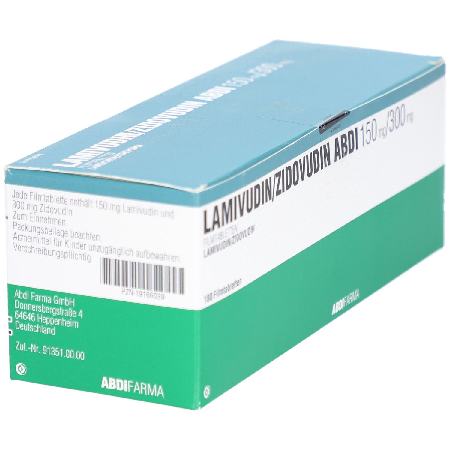 Schrägansicht einer Medikamentenbox. Aufschrift: LAMIVUDIN/ZIDOVUDIN ABDI 150 mg/300 mg. 100 Filmtabletten. Abdi Farma Logo. Grüne und weiße Farben.