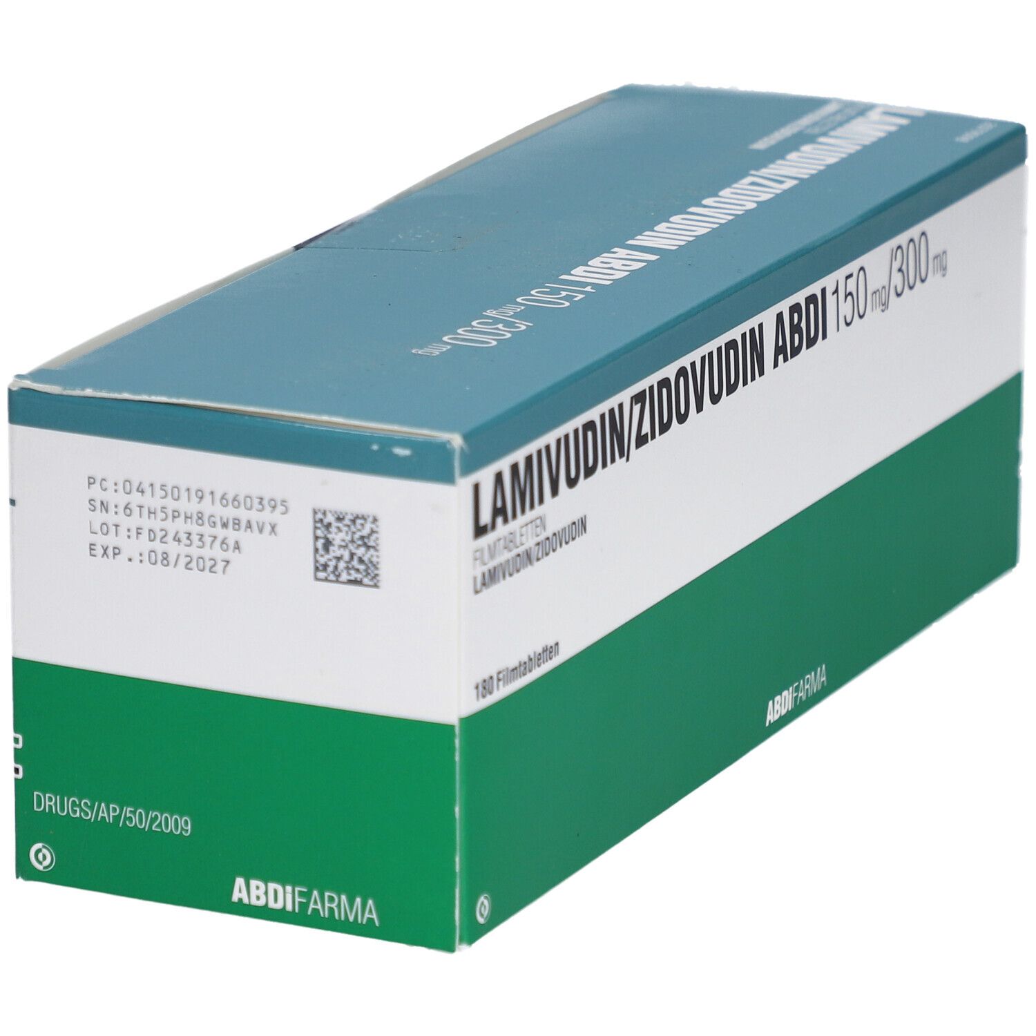 Schrägansicht einer Medikamentenbox. Aufschrift: LAMIVUDIN/ZIDOVUDIN ABDI 150 mg/300 mg. 100 Filmtabletten. Abdi Farma Logo. Grün und weiß.