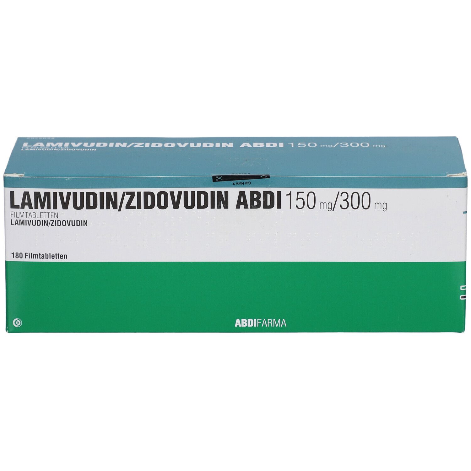 Medikamentenbox, Frontansicht. Aufschrift: LAMIVUDIN/ZIDOVUDIN ABDI 150 mg/300 mg. 100 Filmtabletten. Abdi Farma Logo. Grün und weiß.