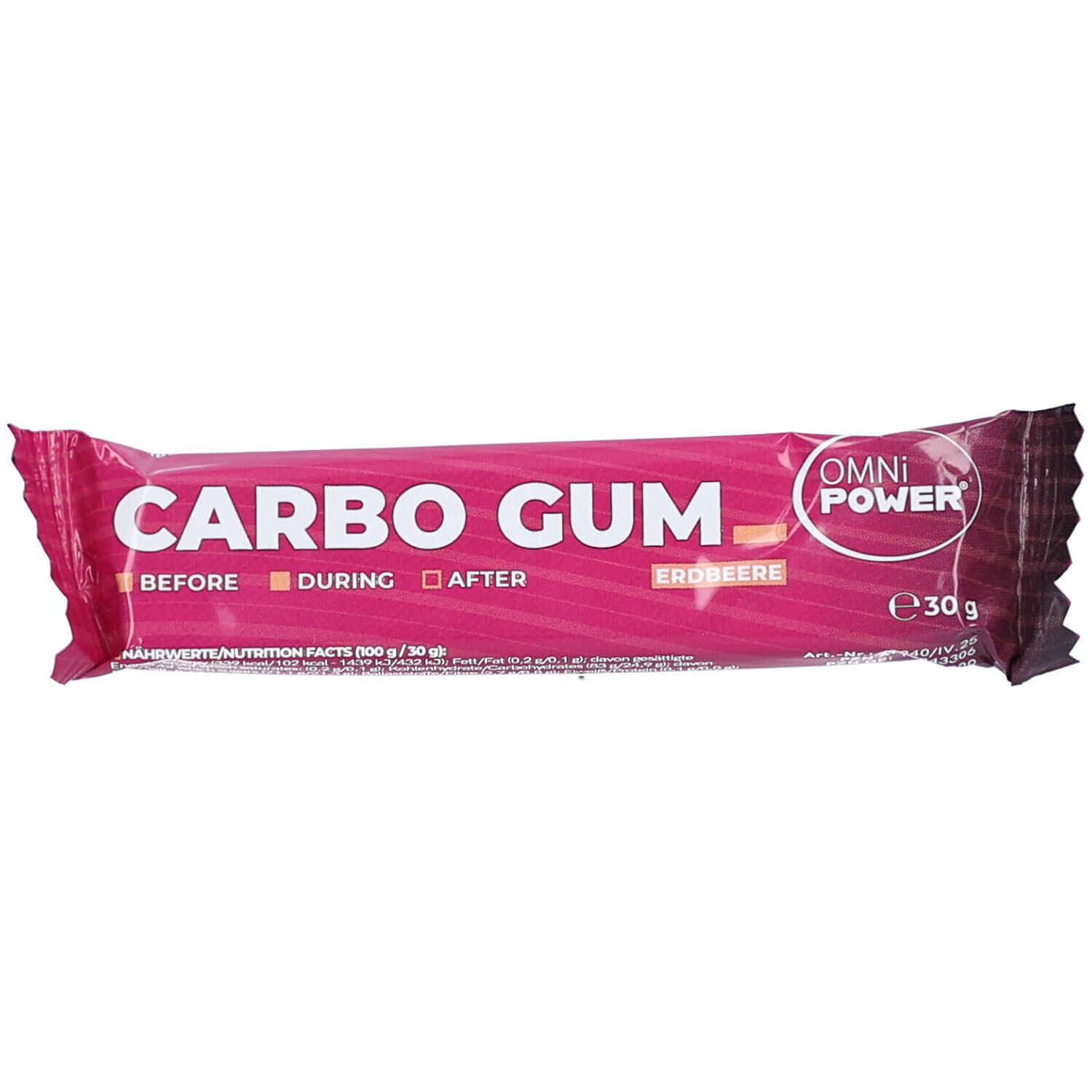 Riegelverpackung, rosa mit weißer Schrift. Aufschrift: CARBO GUM, OMNI POWER, Erdbeere. Angabe: 30g.