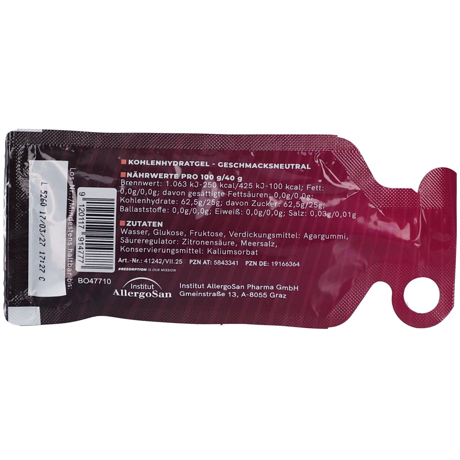 Rückseite des OMNi-POWER Carbo Gel Beutels. Nährwertangaben und Zutatenliste. Text: KOHLENHYDRAT-GEL - GESCHMACKSNEUTRAL.