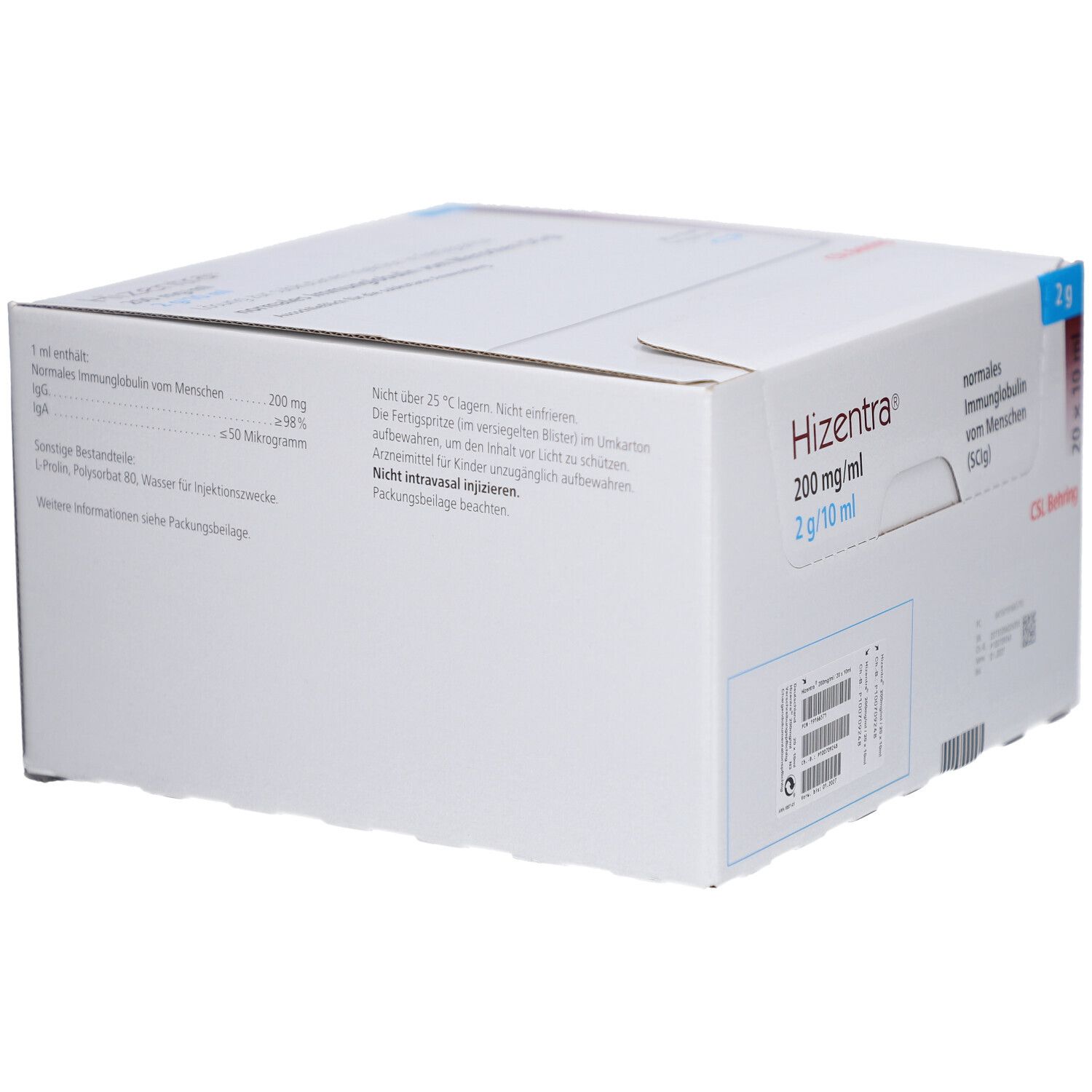 Weiße Verpackung mit Produktinformationen. Aufschrift: HIZENTRA 200 mg/ml. Enthält normales Immunglobulin vom Menschen. CSL Behring.