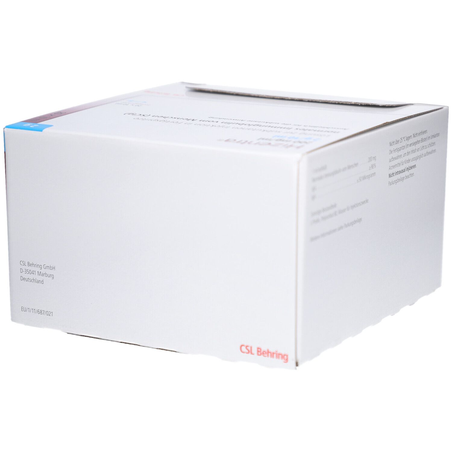 Weiße Verpackung, Seitenansicht. Aufschrift: CSL Behring. Enthält Produktinformationen. Ecke mit blauer Markierung.